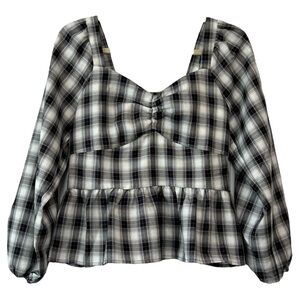 Pleione Women’s Black & White Plaid Long Sleeve Peplum Top ‎ Sz M